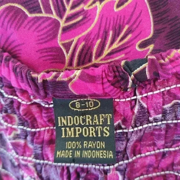 Indocraft Imports Indonesian Hibiscus Print Fringed Smocked Sleeveless Dress - Picture 7 of 7